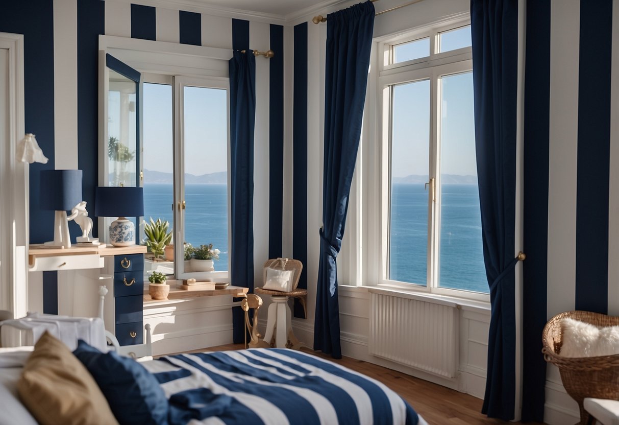 A room with white and navy blue striped wallpaper, nautical decor, and a coastal view through a window