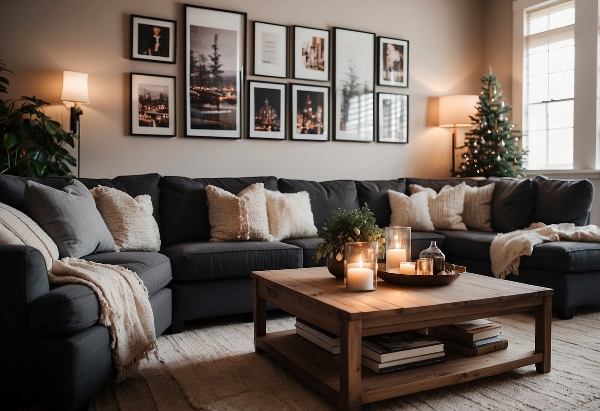 A cozy family room with a large sectional sofa, soft throw blankets, and a coffee table with books and decorative candles. A gallery wall with family photos and artwork adds a personal touch