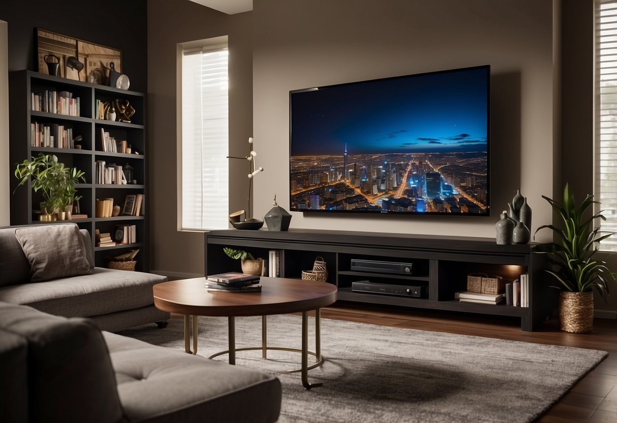 A sleek, modern entertainment center with a large smart TV mounted on the wall. Surrounding the TV are shelves filled with books, decorative items, and family photos. The room is cozy, with comfortable seating and soft lighting