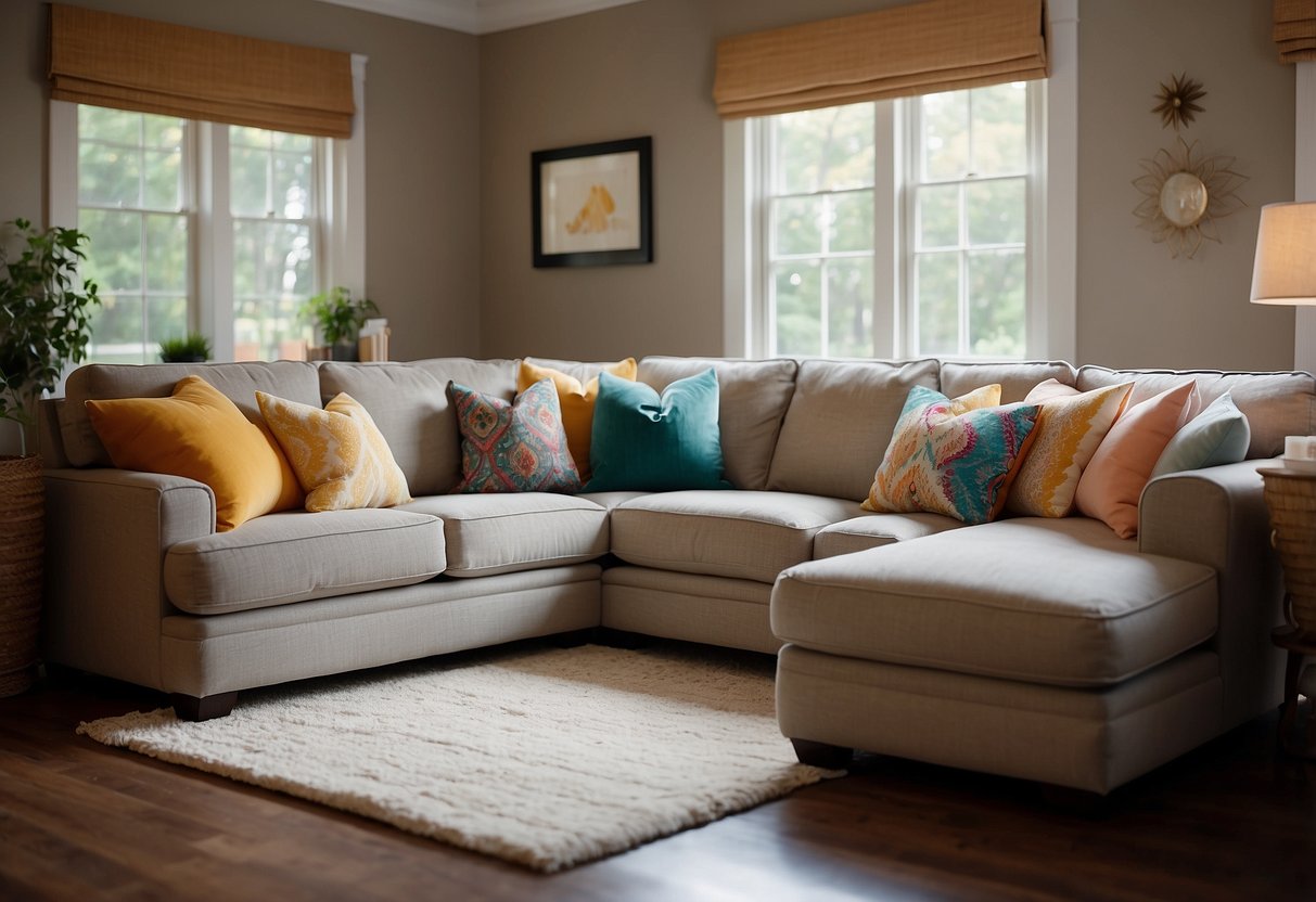 A cozy family room with a plush sofa adorned with colorful accent pillows and a soft throw blanket draped over the armrest. A warm, inviting space for relaxation and comfort