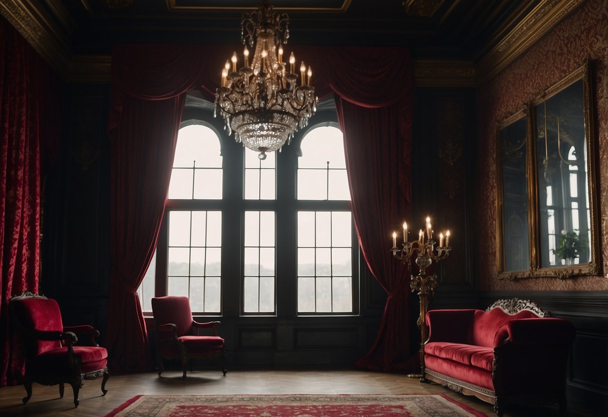 A dark, ornate chandelier hangs from the high ceiling, casting eerie shadows on the intricate wallpaper and antique furniture. Red velvet curtains drape over tall windows, adding to the gothic ambiance