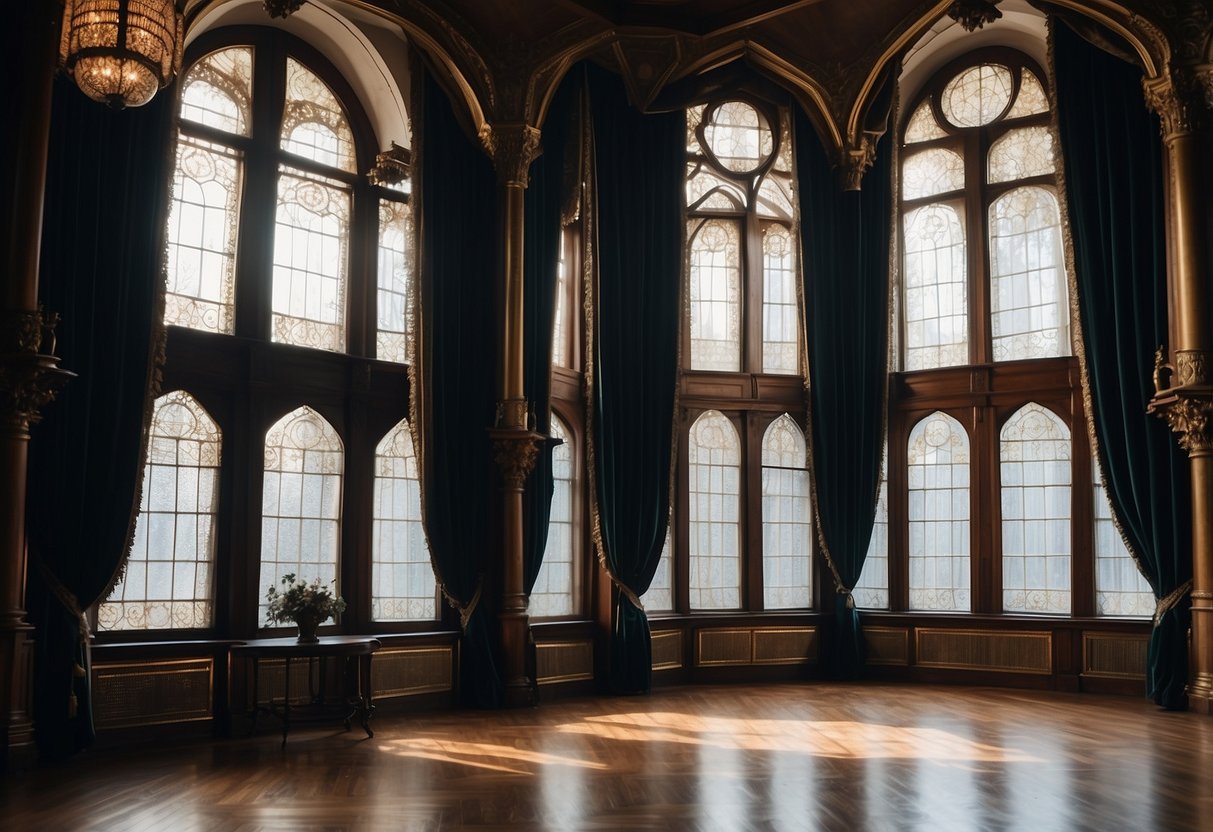 A grand room with rich, velvet Victorian drapes cascading down tall windows, creating an atmosphere of gothic elegance