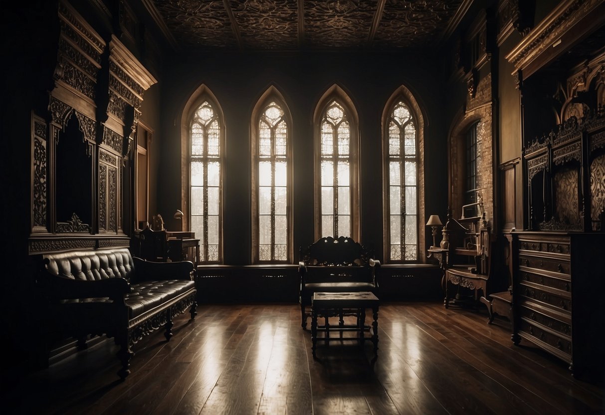 A dimly lit room adorned with intricately carved Gothic Revival furniture, featuring ornate details and dramatic silhouettes