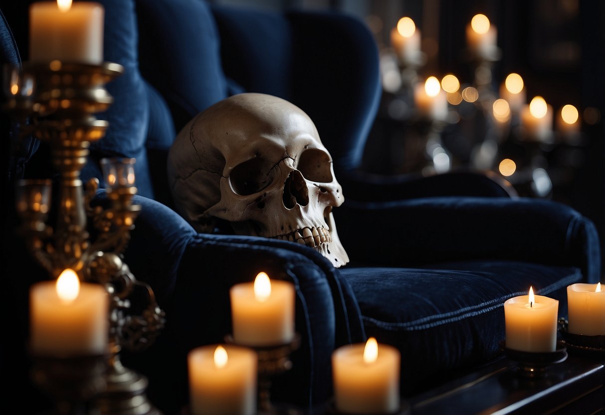 A skull wall art piece hangs above a black velvet chaise lounge, surrounded by flickering candles and antique candelabras