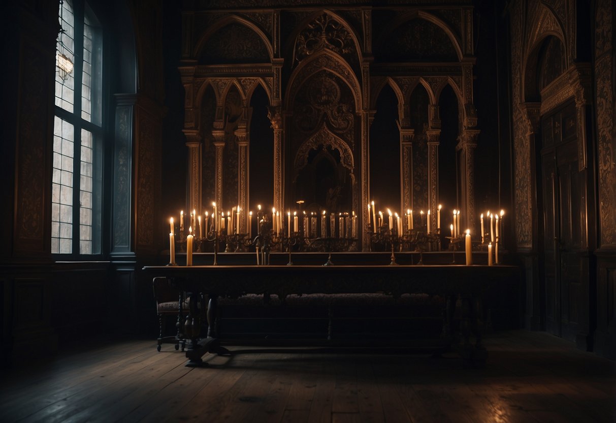 A dimly lit room with intricate gothic tapestries adorning the walls, casting eerie shadows. Dark, ornate furniture and flickering candlelight complete the haunting atmosphere