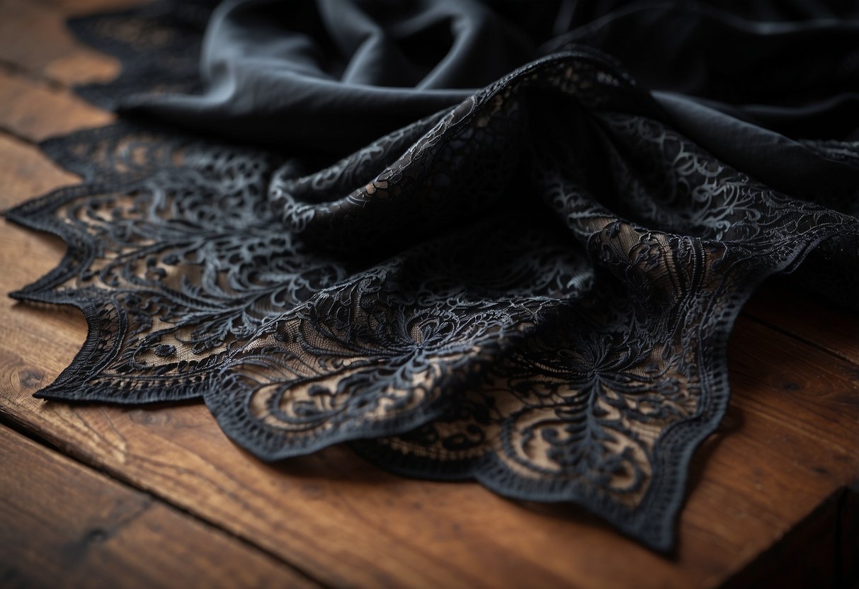 A black lace tablecloth drapes over a dark wooden table, creating a gothic and elegant home decor setting