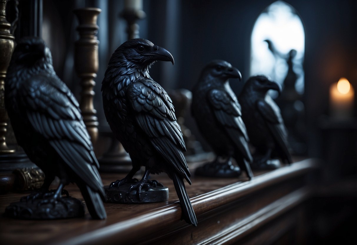 A dimly lit room with eerie raven figure statues perched on ornate shelves, casting haunting shadows in a gothic home decor setting