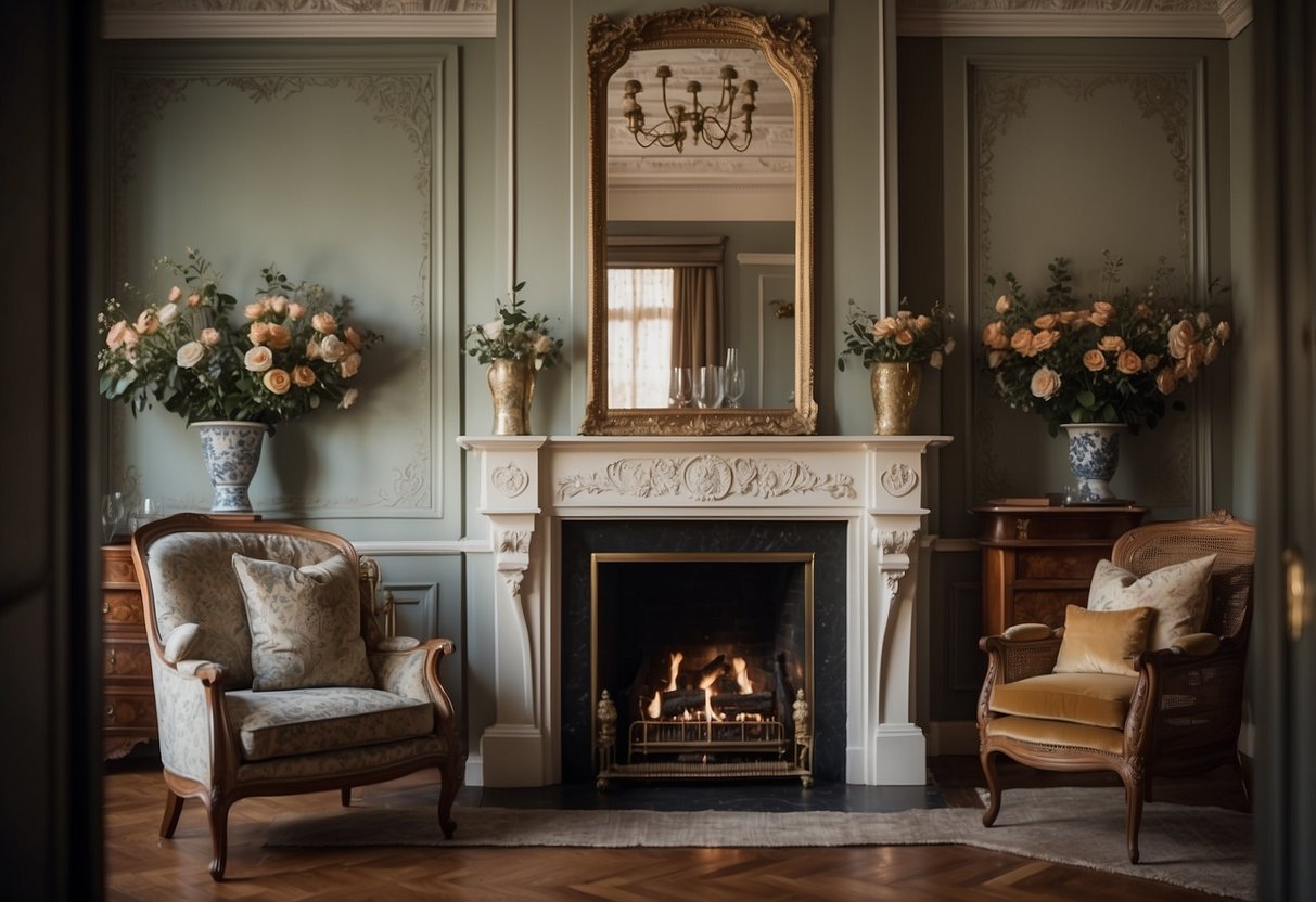 A cozy Victorian living room with ornate furniture, floral wallpaper, and a fireplace adorned with intricate carvings and a large mirror above