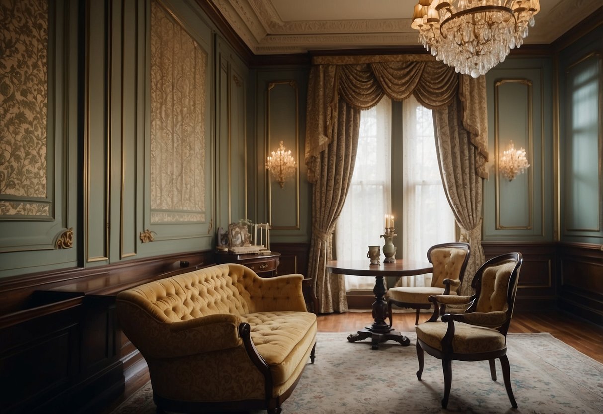 A room with ornate wainscoting panels, vintage furniture, and elaborate wallpaper in a Victorian home