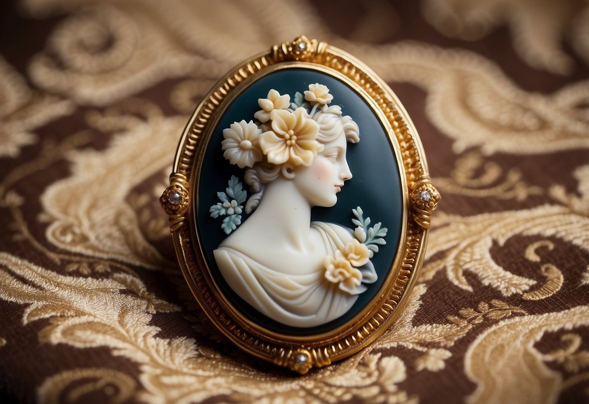 A vintage cameo brooch is mounted on a velvet backdrop, surrounded by ornate gold frames and hanging on a floral wallpapered wall