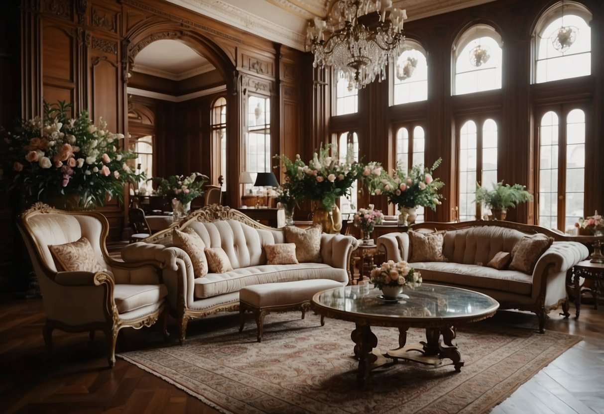 A grand Victorian living room with ornate furniture and a large floral area rug as the centerpiece. The room is filled with intricate decor and elegant touches, creating a luxurious and timeless atmosphere