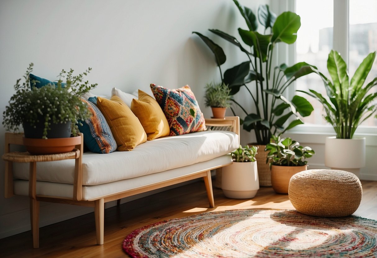 A sunlit room with colorful throw pillows and plants on a white shelf. A vibrant rug and artwork add pops of color to the space