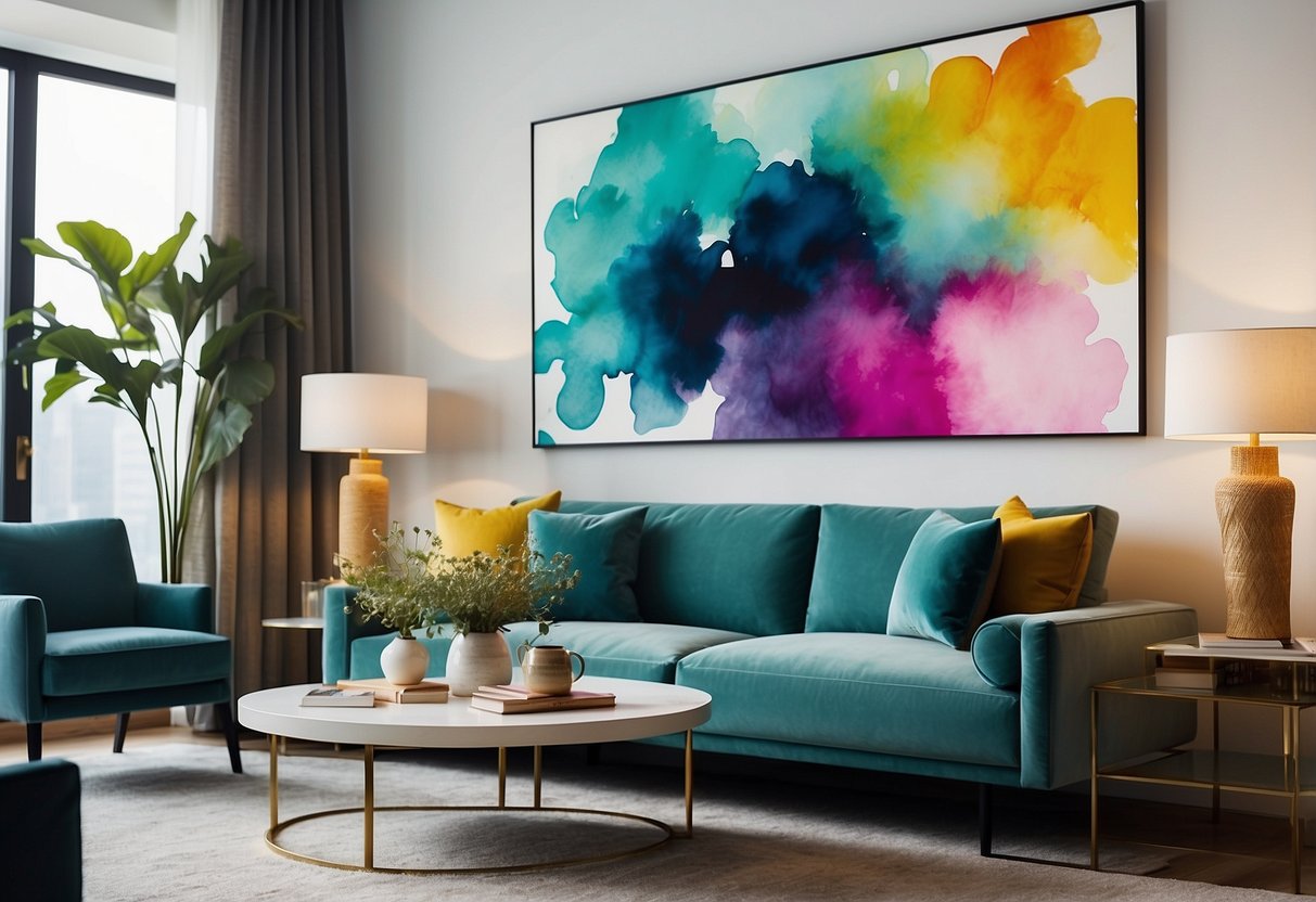 Vibrant watercolor abstract art adorns a modern living room with bold colors and fluid brushstrokes