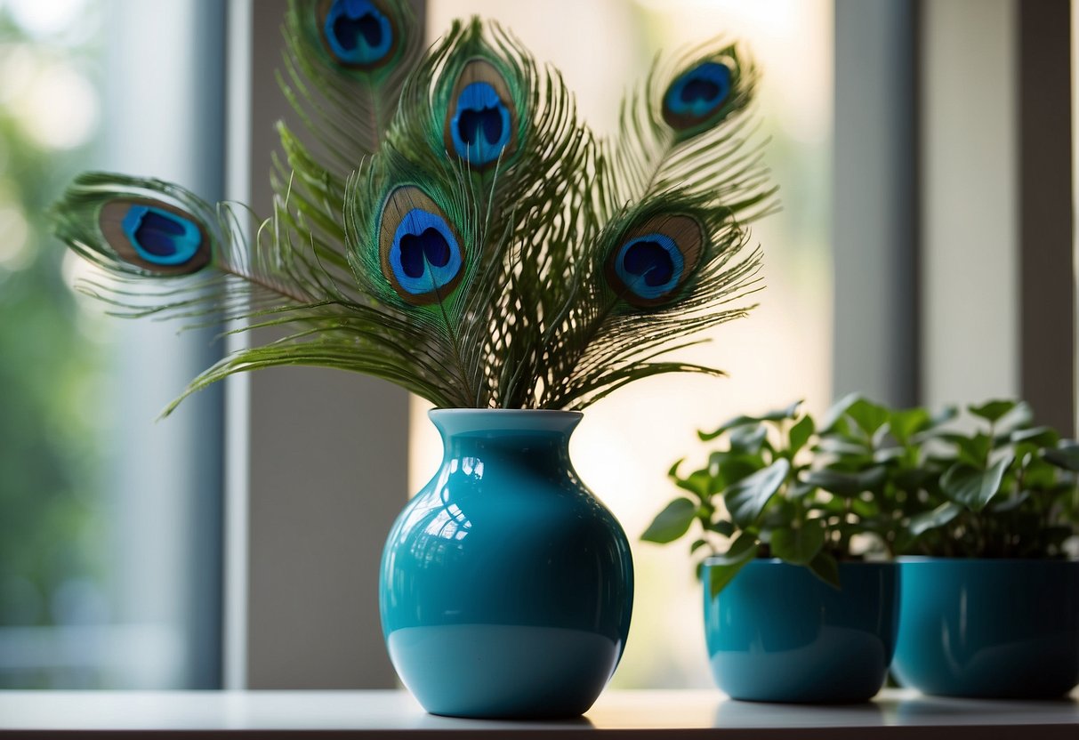 A peacock blue vase sits on a sleek modern shelf, surrounded by vibrant green plants and a sunlit window