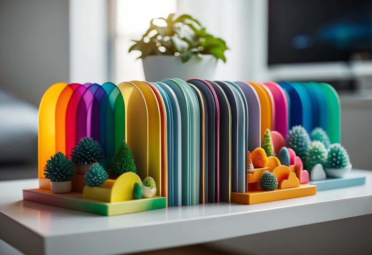 Two vibrant rainbow bookends stand on a white shelf, adding a pop of color to the room