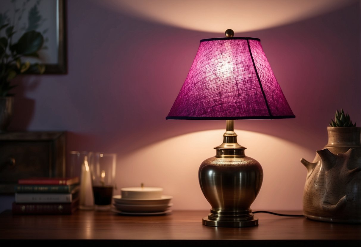 A fuchsia table lamp illuminates a cozy living room, casting a warm and vibrant glow on the surrounding decor