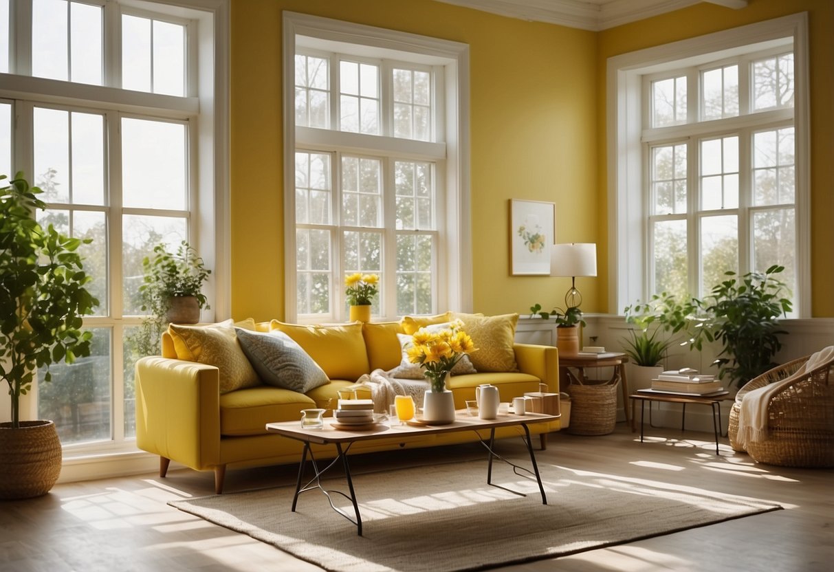 A bright, airy room with coordinated decor in shades of yellow, green, and white. Sunlight streams in through large windows, casting a warm glow over the space. Textures and patterns are mixed to create visual interest