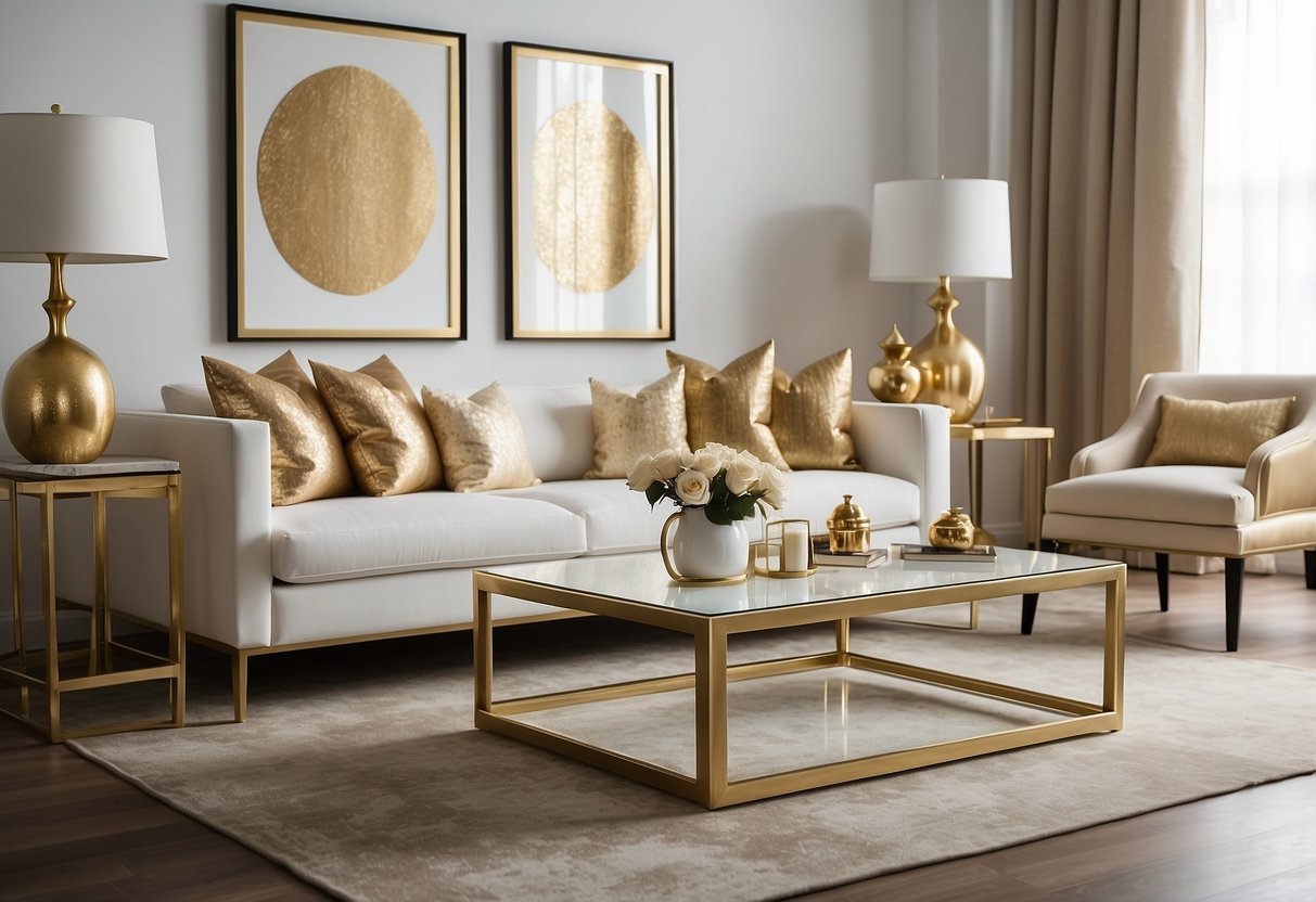 A white and gold living room with a plush white sofa, gold accent pillows, a white and gold coffee table, and gold-framed artwork on the walls