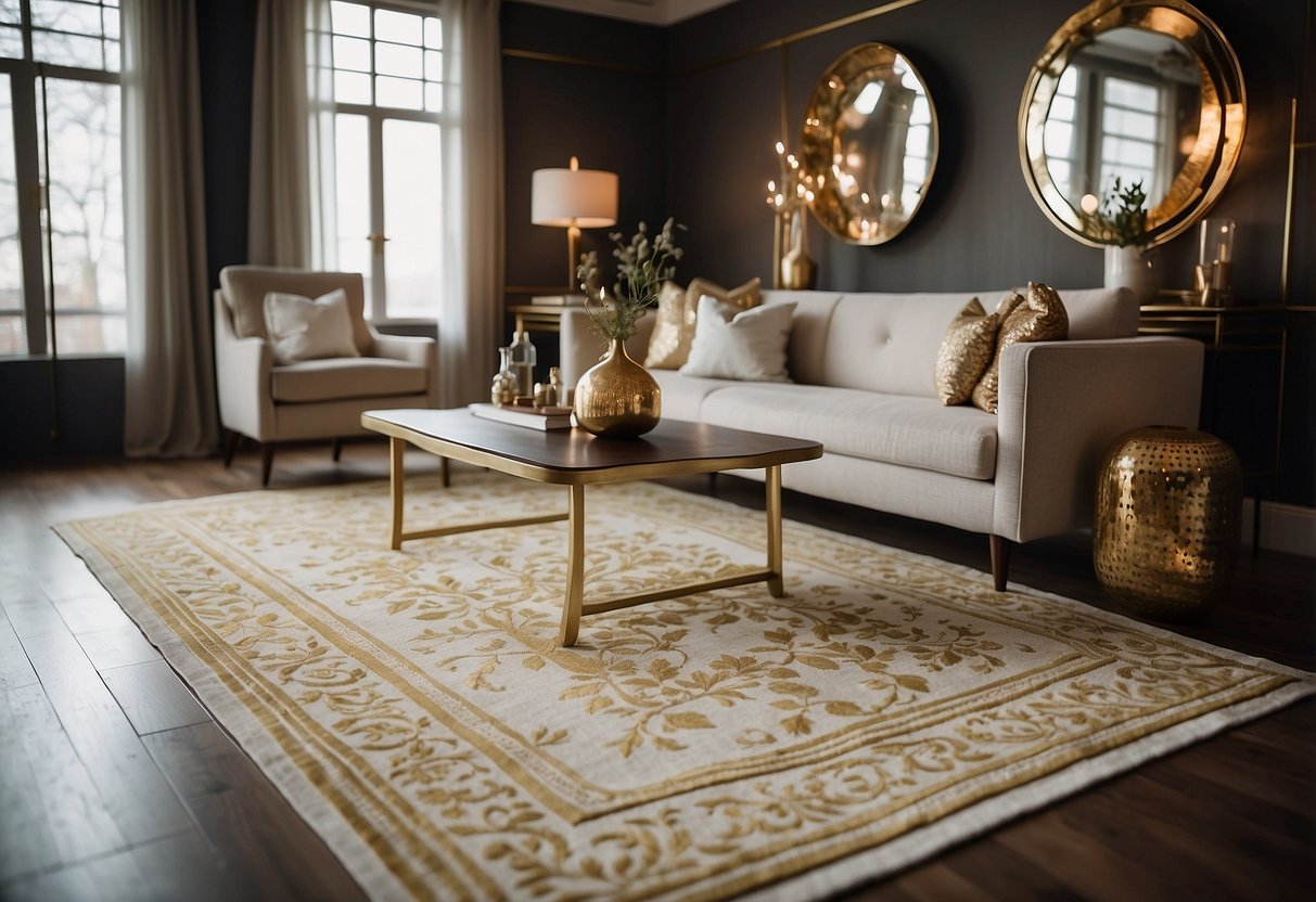 A white and gold patterned rug lies in a room with matching home decor, creating a luxurious and elegant atmosphere