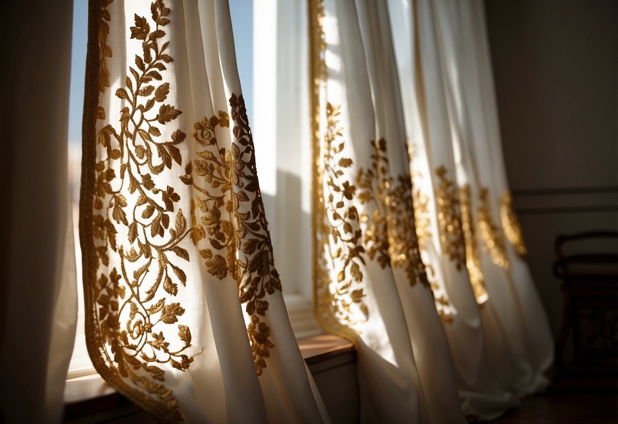 White curtains with intricate gold embroidery hang in a sunlit room, complementing the white and gold home decor