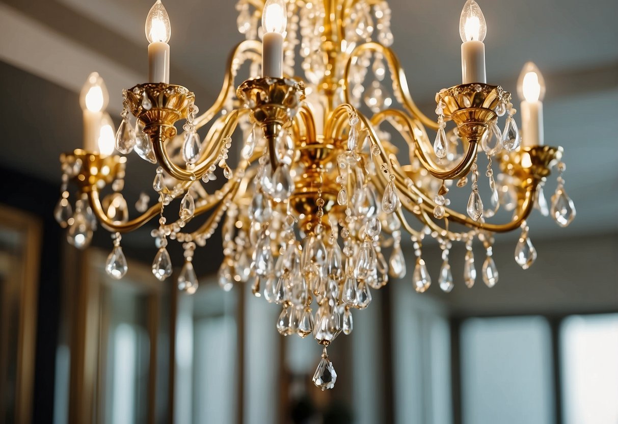 A gold chandelier adorned with white crystals hangs in a luxurious white and gold decorated room