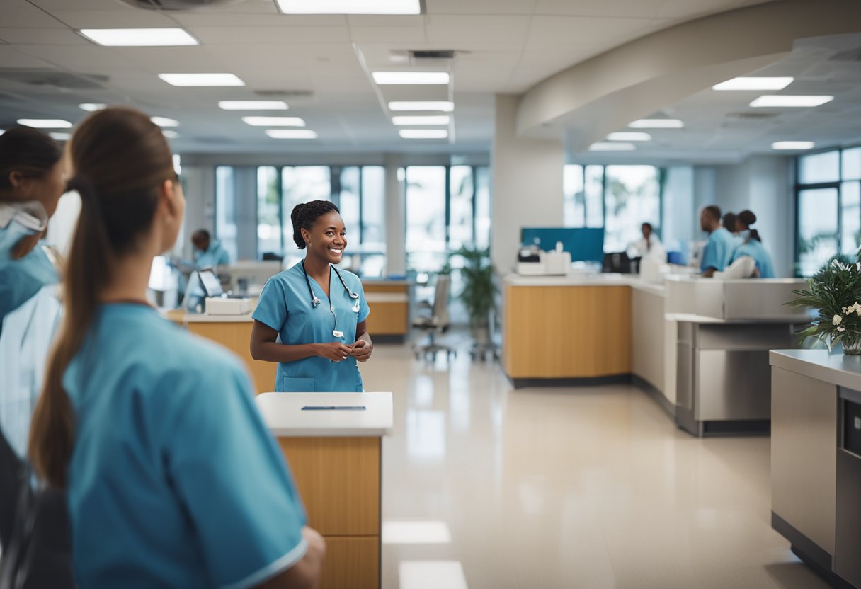 A bustling Florida nurse staffing agency, with healthcare facilities in the background. Busy staff coordinating placements and managing schedules