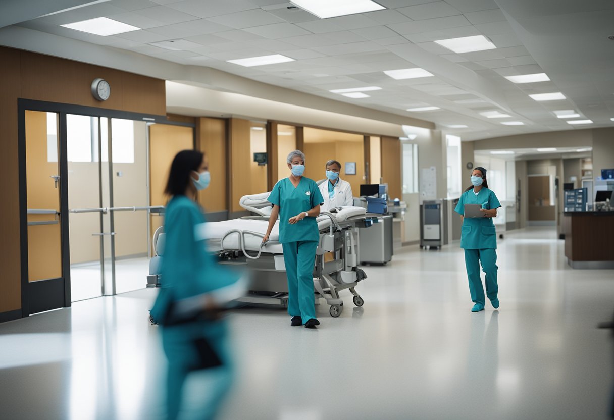 A bustling healthcare facility with staff in motion, coordinating patient care. The agency's logo prominently displayed