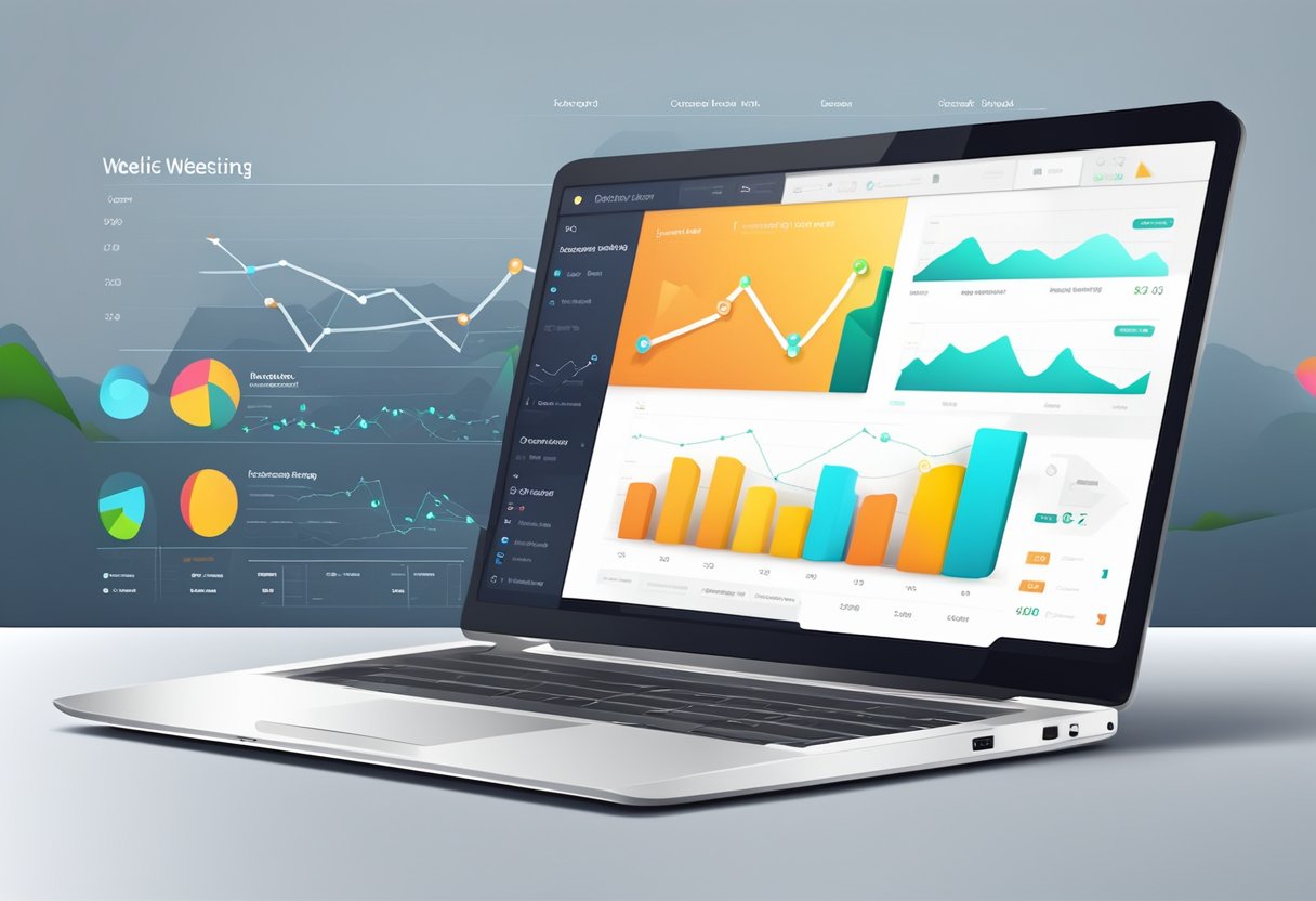 A laptop displaying a sleek, modern website design with clear navigation and product showcases. A graph showing increasing sales and a chart with marketing strategies