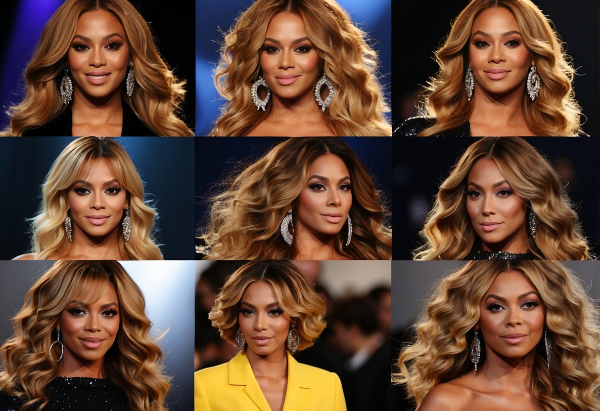 A vibrant spotlight illuminates a series of hair color transformations, showcasing Beyoncé's iconic styles