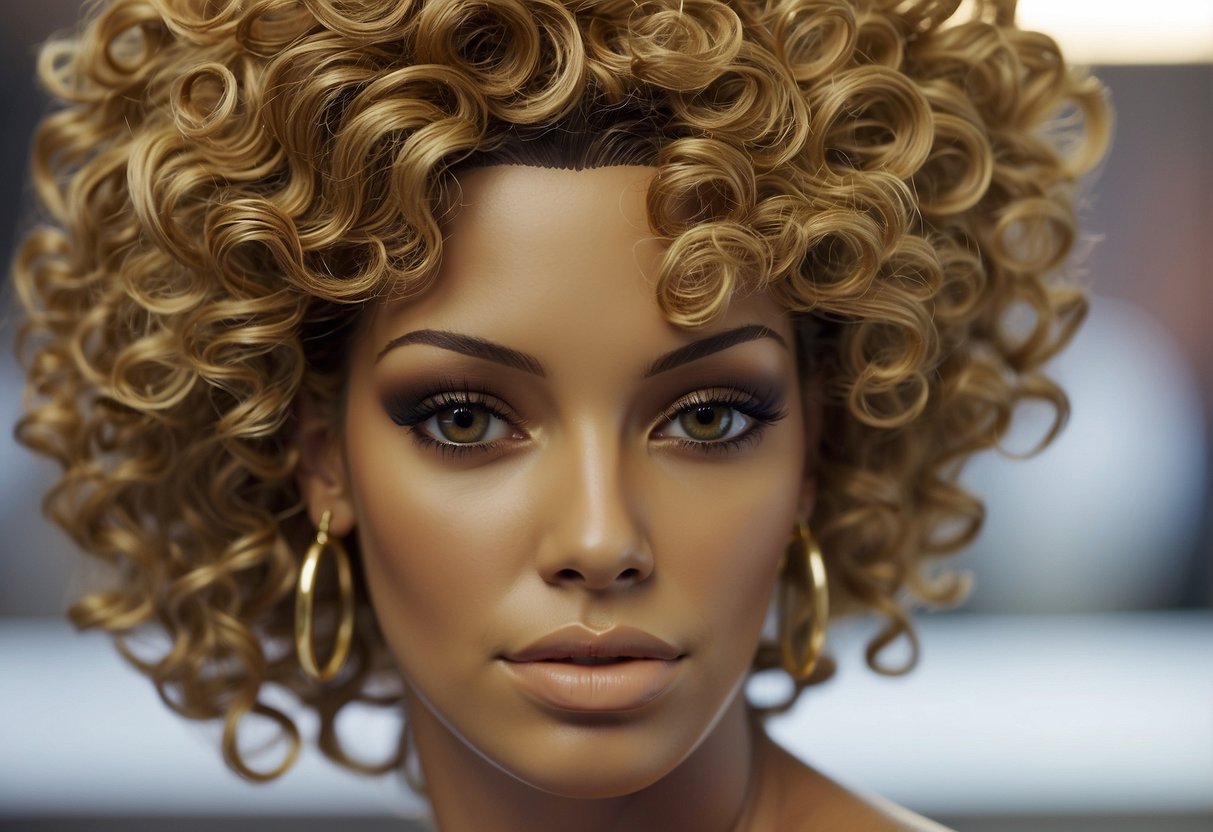 A close-up of a wig on a mannequin head, with strands of hair pulled back to reveal a tag that reads "Beyoncé's Real Hair."