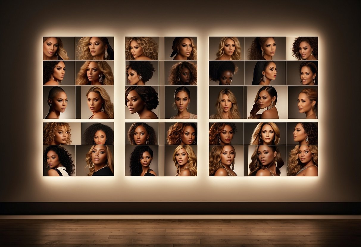 A collection of Beyoncé's iconic hairstyles displayed on a wall, with a spotlight highlighting each one