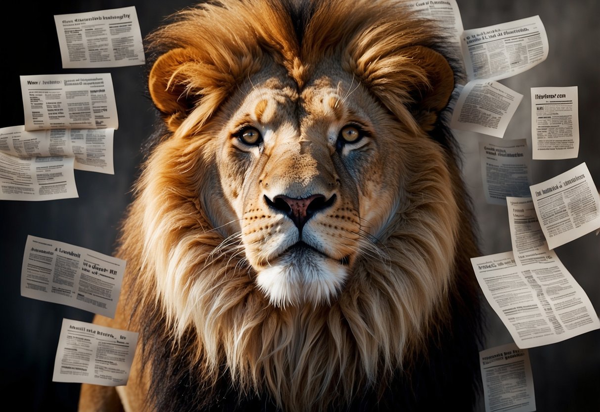 A close-up of a lion's majestic mane with a surprised expression, surrounded by headlines and question marks