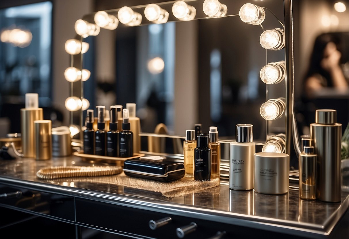 A table displays hair care products and tools, with a mirror reflecting a glamorous hairstyle