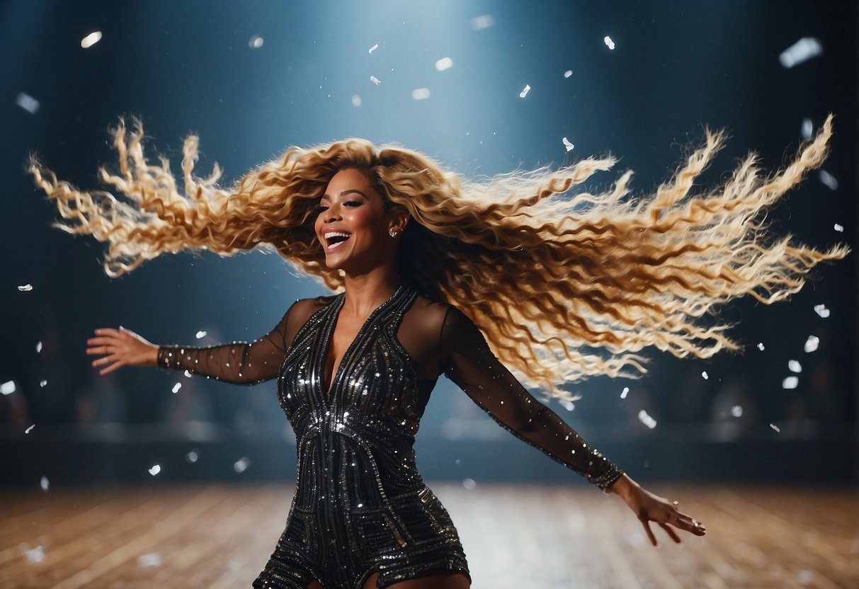 Beyoncé's iconic hair flip, frozen in mid-air, with strands of hair gracefully arcing around her. The energy and power of the moment radiate from the image