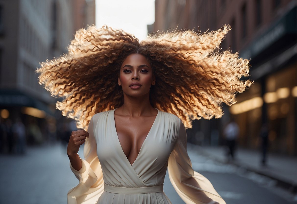 A figure stands with hair flowing, caught mid-flip, exuding confidence and power. The moment is frozen in time, capturing the essence of Beyoncé's iconic hair flip that captivated the internet