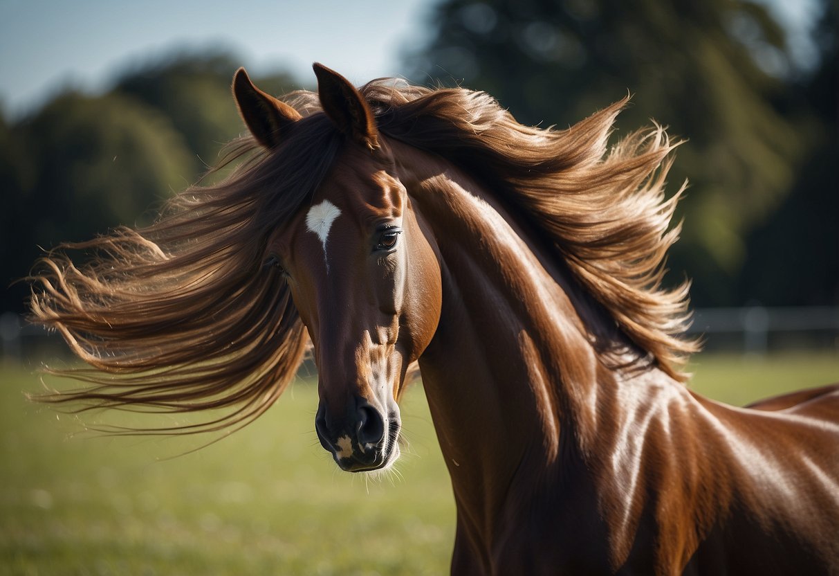 A sleek, glossy mane cascades down, caught mid-flip in the air. Light catches the strands, creating a mesmerizing sparkle. A sense of power and confidence exudes from the flowing locks