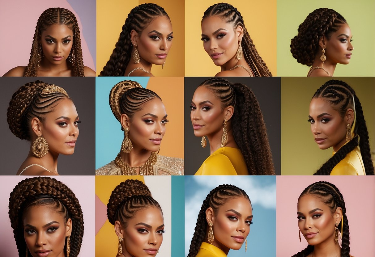 A series of Beyoncé's iconic braided hairstyles, from sleek and elegant to bold and intricate, displayed on a vibrant backdrop