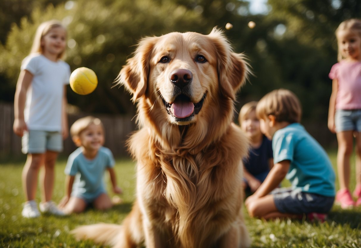 A golden retriever playing with children in a backyard, fetching a ball, wagging its tail, and looking up with a friendly expression. A family picnicking in the background