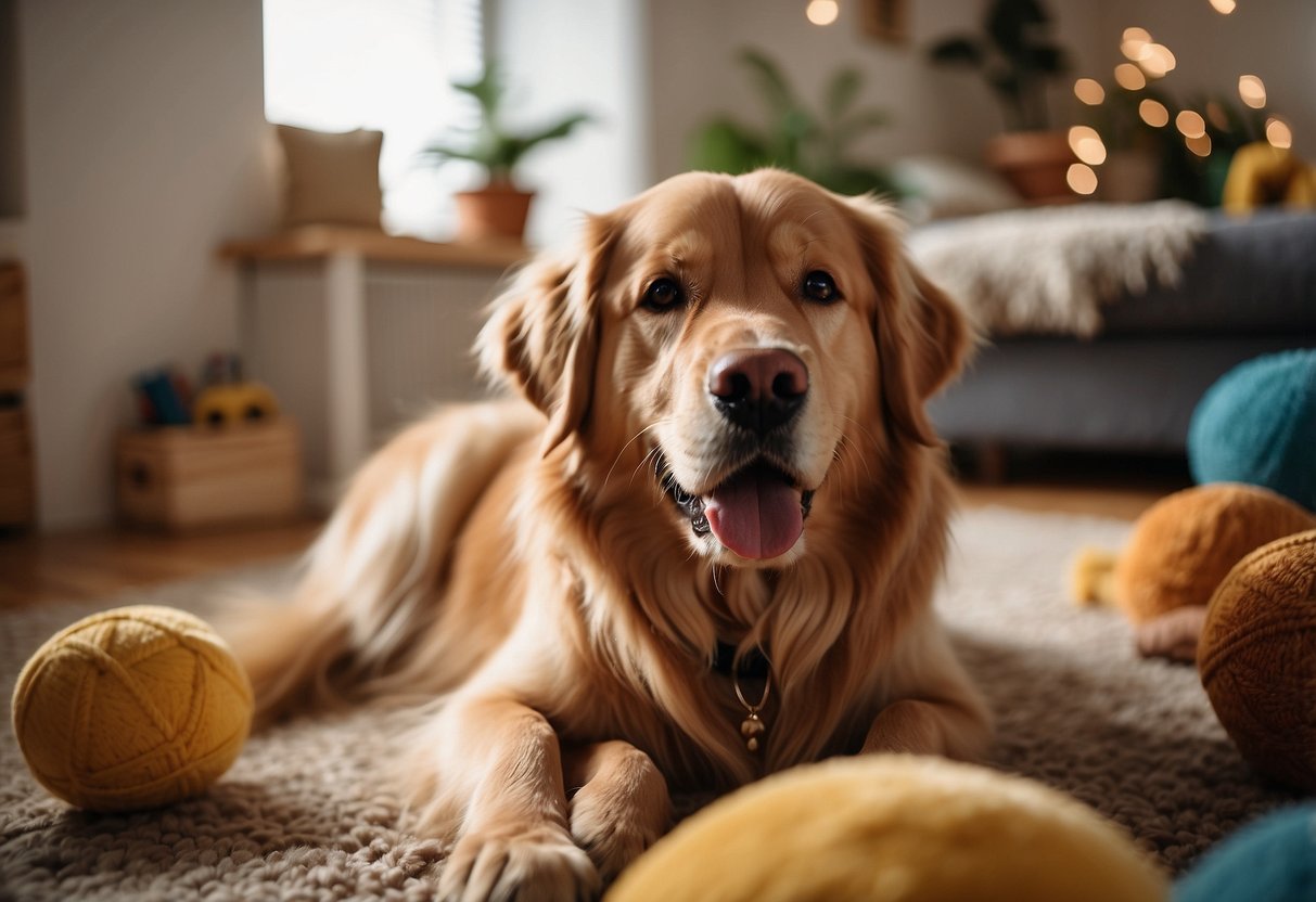 A golden retriever lies peacefully at the feet of a smiling family, surrounded by toys and a cozy home environment. The dog exudes warmth and calmness, embodying the low aggressiveness that makes them ideal family pets