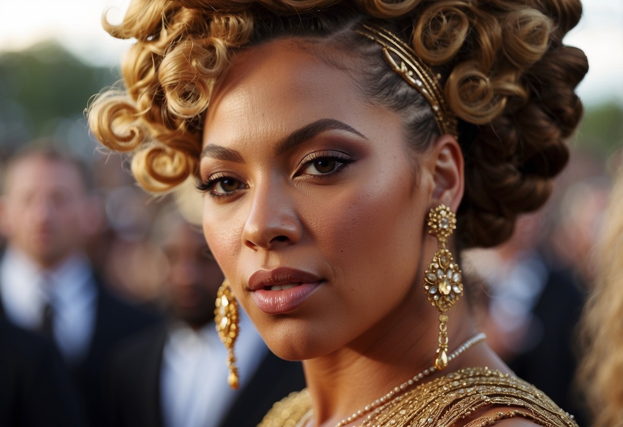 A close-up of Beyoncé's new hairstyle, showcasing intricate braids and elaborate hair accessories, with fans buzzing in the background