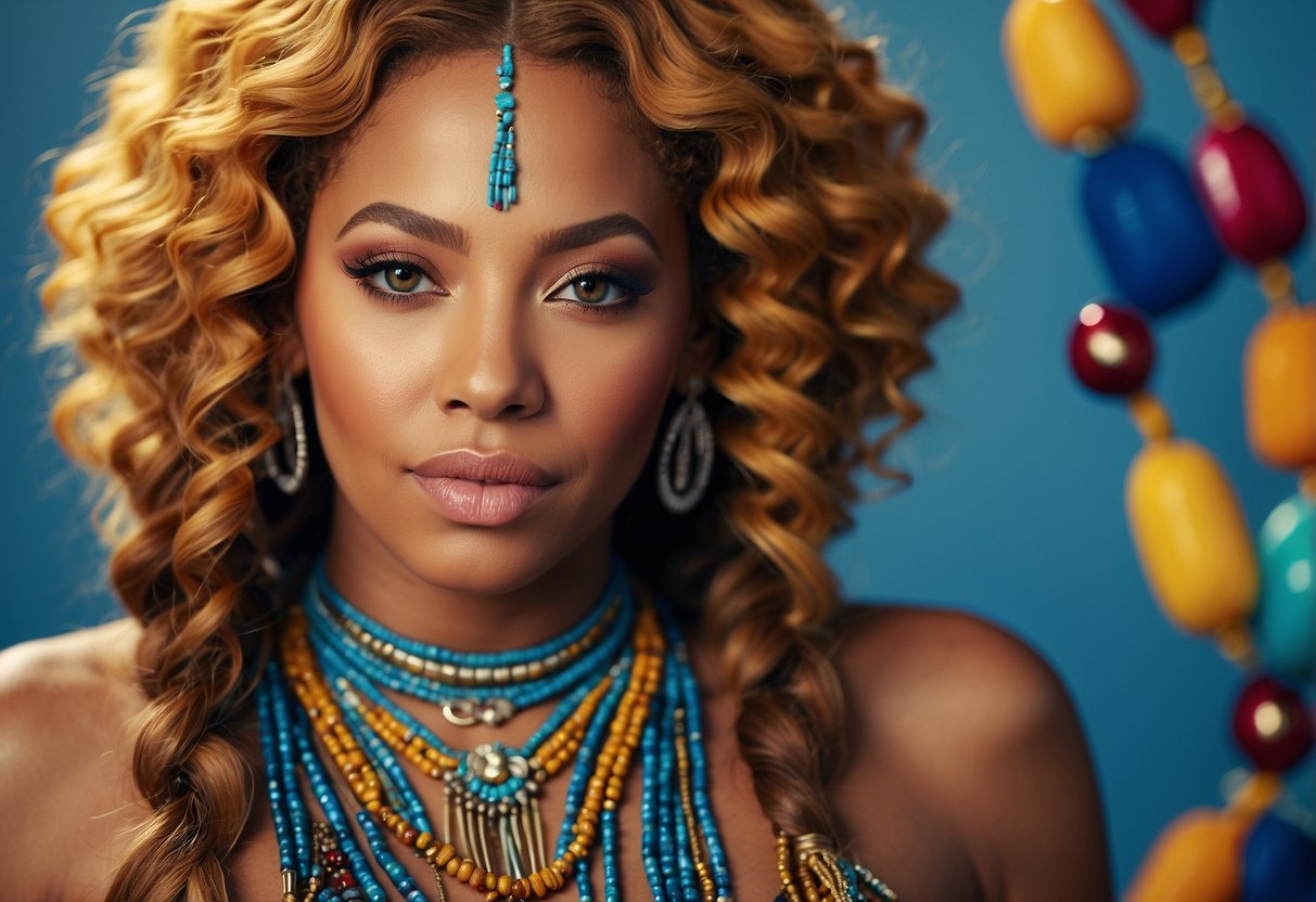 A vibrant, bold hair look with intricate braids and colorful beads, capturing Beyoncé's empowering and artistic expression