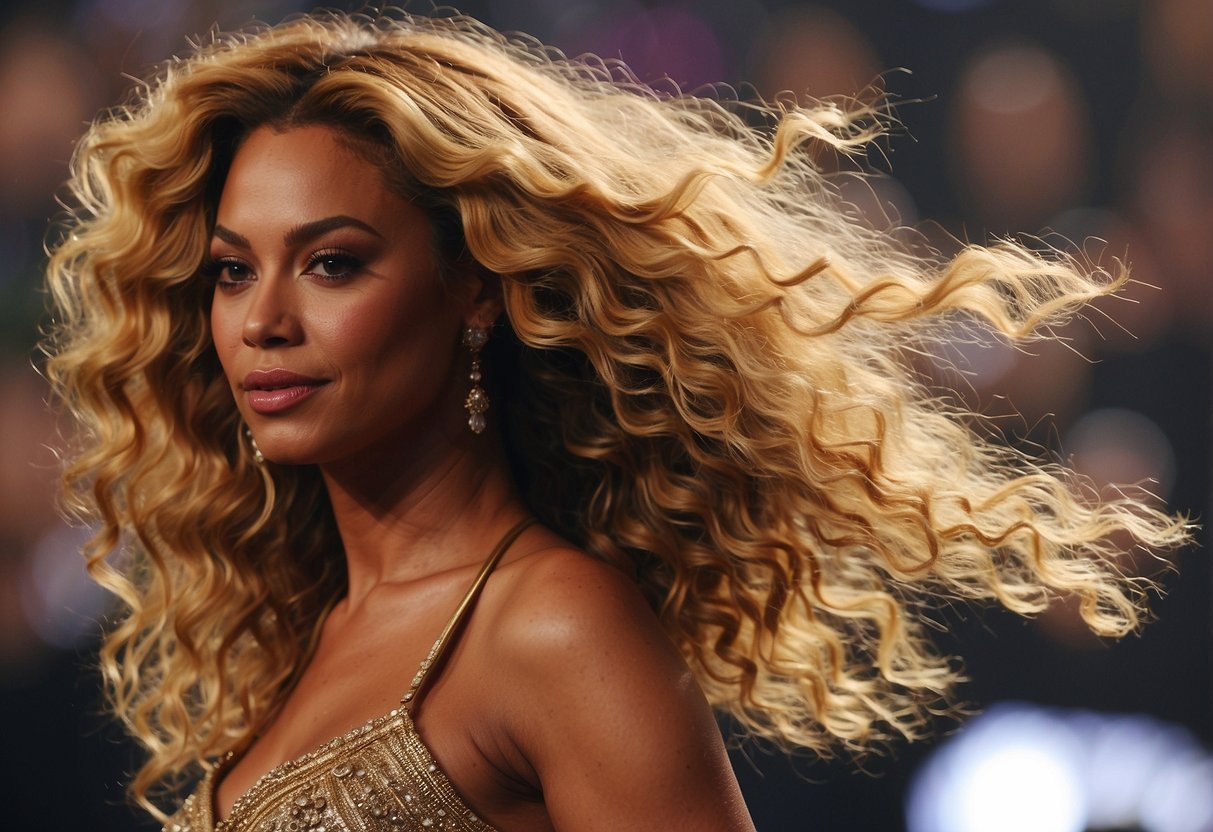 A close-up of Beyoncé's natural tresses, showcasing their beauty and texture. The hair is free-flowing and voluminous, with a healthy shine