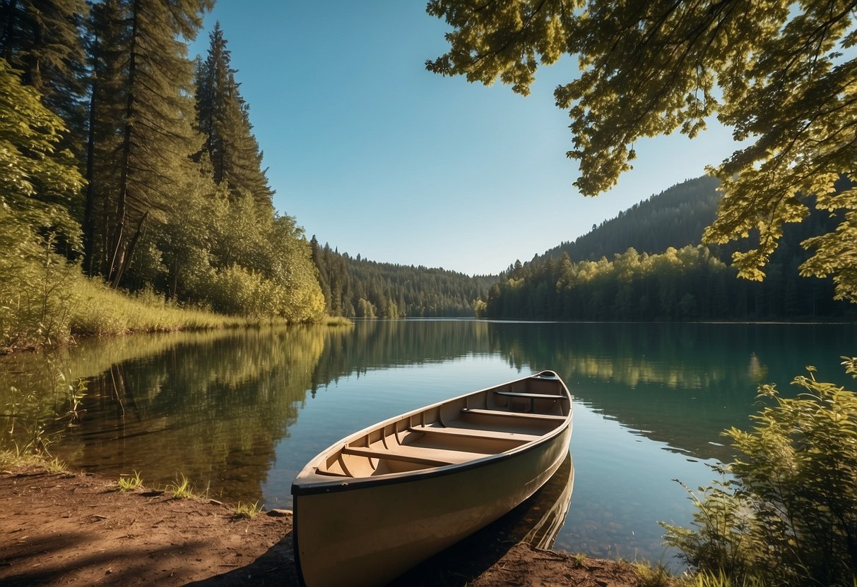 A person selects a sturdy canoe for fishing, with fishing gear and a tackle box nearby. The serene lake is surrounded by lush green trees and a clear blue sky