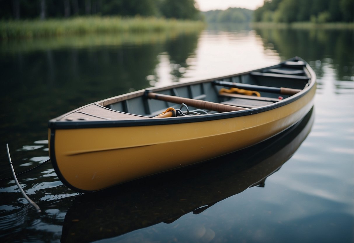 A canoe with fishing rods, tackle box, and life jackets on calm water