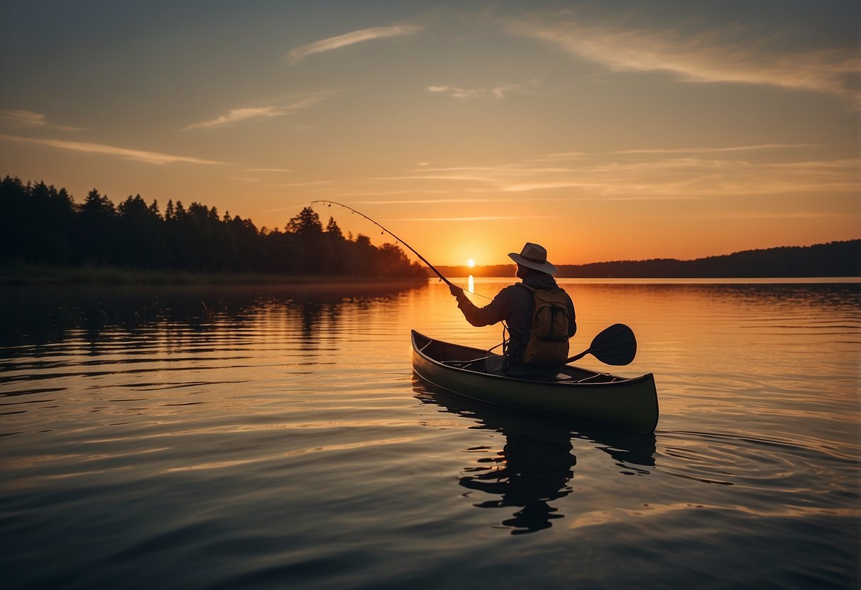 A person in a canoe holds a fishing rod, casting into the water. The sun sets behind them, casting a warm glow over the calm river