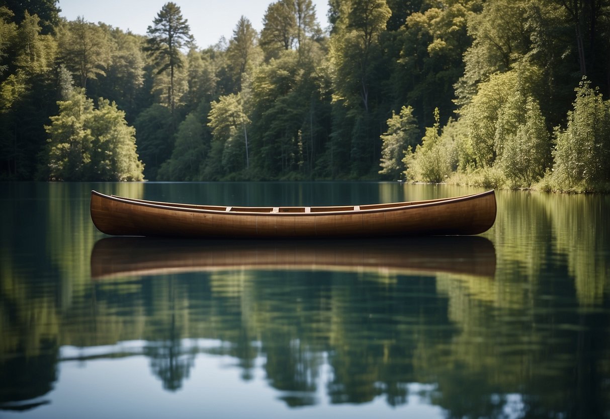 A wooden canoe floats on calm water surrounded by lush green trees and a clear blue sky
