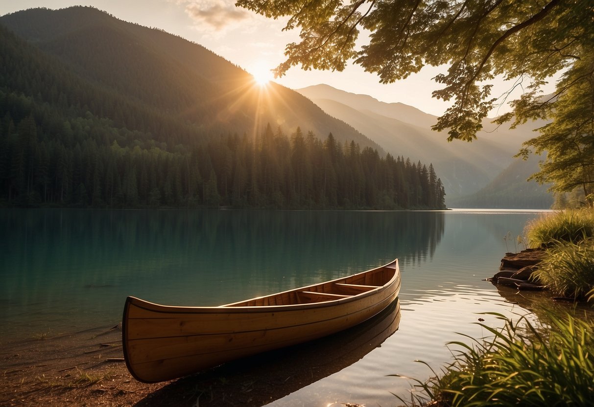 A wooden canoe rests on a calm lake, surrounded by towering trees and a serene, mountainous landscape. The sun sets in the distance, casting a warm, golden glow over the scene