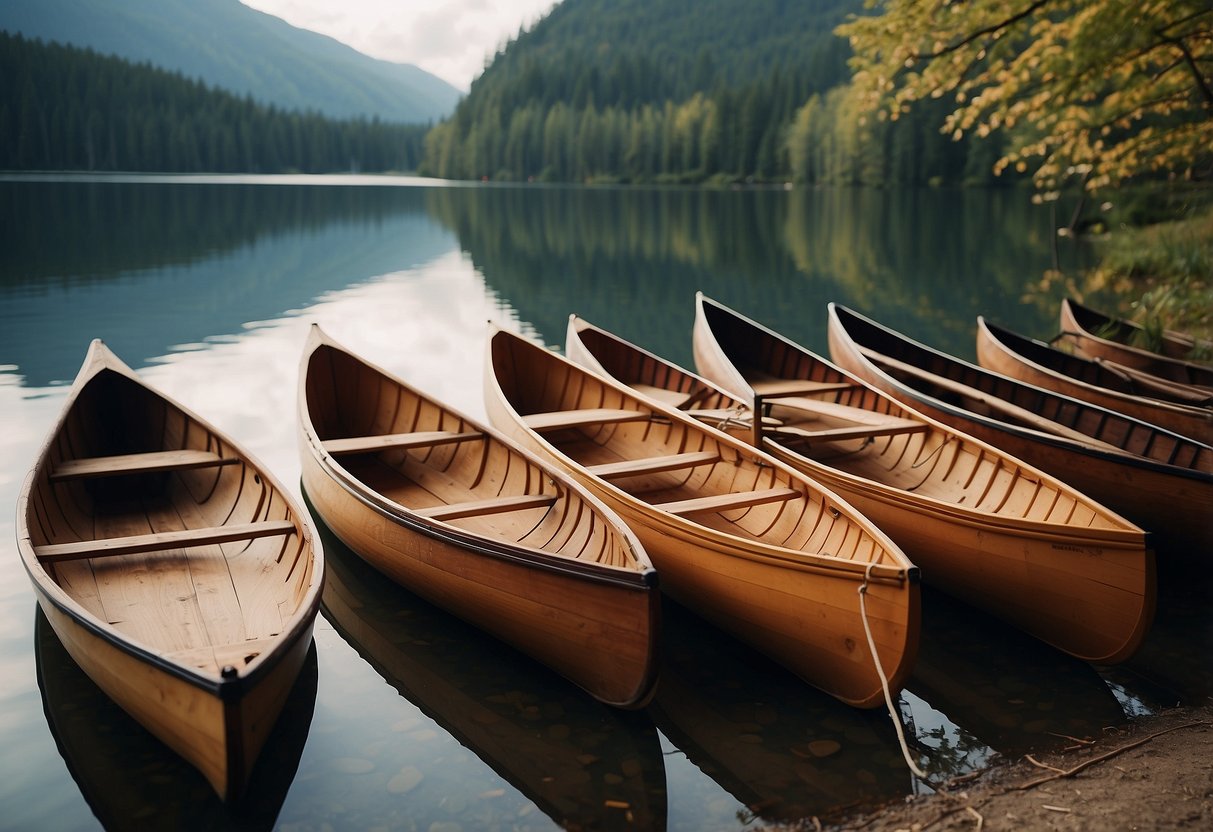A variety of wooden canoes rest on the calm shore, their sleek, curved forms reflecting in the still water