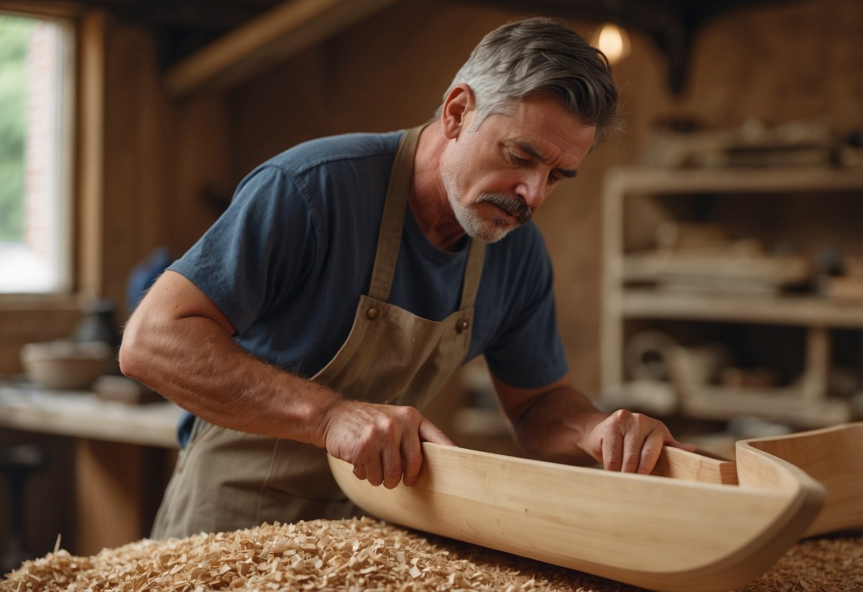 A craftsman carves a wooden canoe, using traditional construction techniques. Wood shavings litter the ground as the canoe takes shape