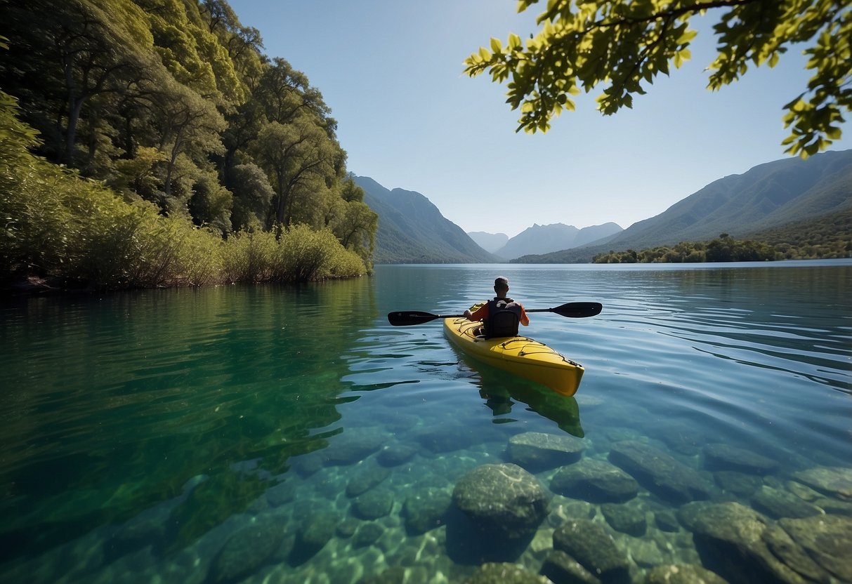 A kayak glides through calm waters, surrounded by lush greenery and distant mountains under a clear blue sky